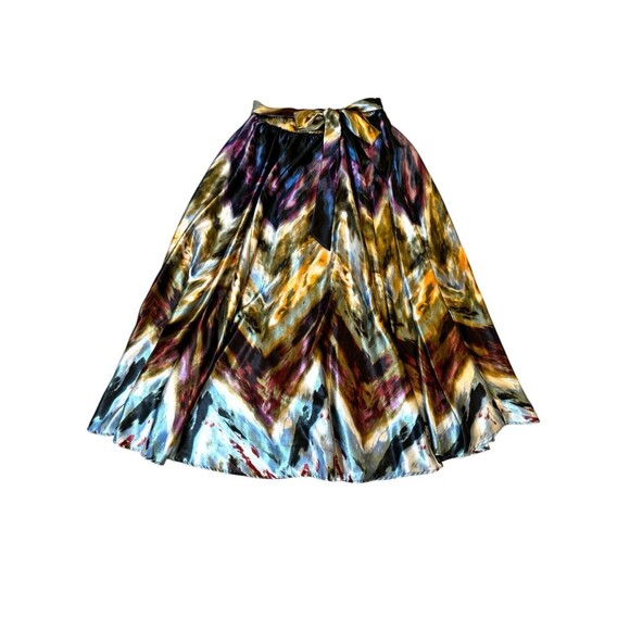 Her Destiny Women’s Satin Maxi Skirt Multicolored Earth Tones Patterned w/Bow M - Picture 1 of 7